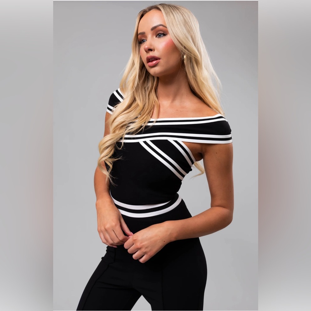 Black and White Off Shoulder Cross Detail Jumpsuit